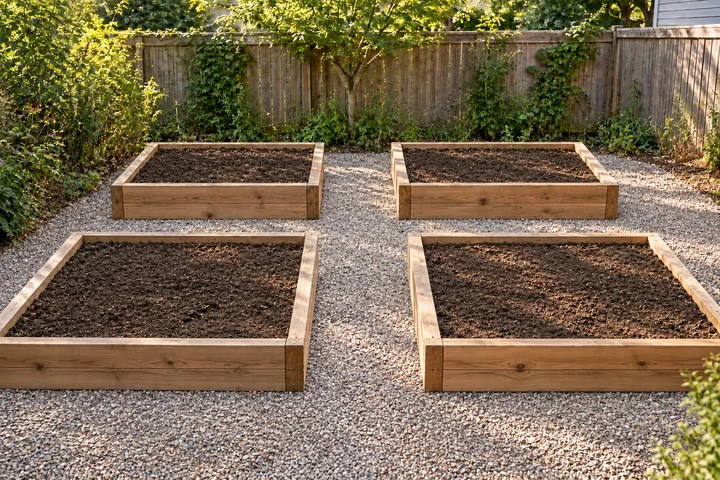 Raised-bed backyard vegetable garden: Structures and surfaces
