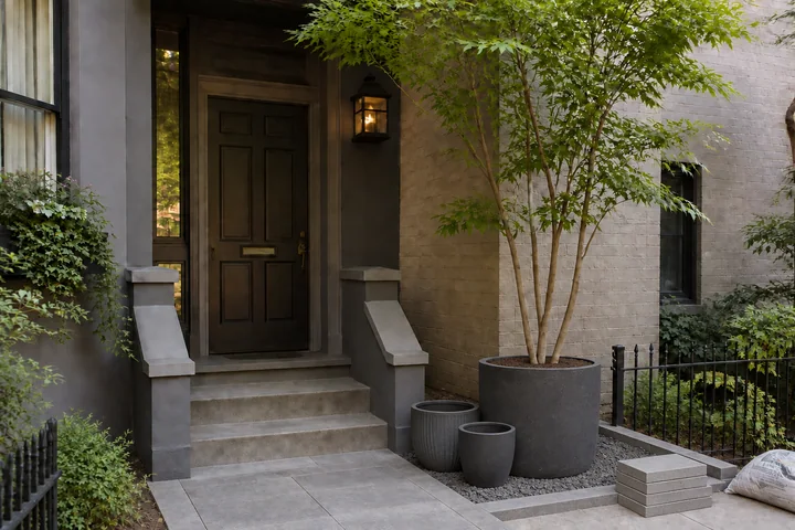 Shady townhouse stoop: Structures and surfaces