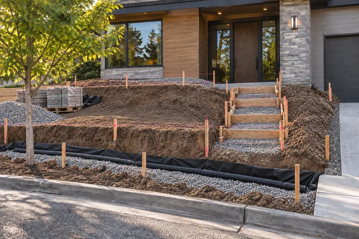 Sloped front yard retaining wall: Base works