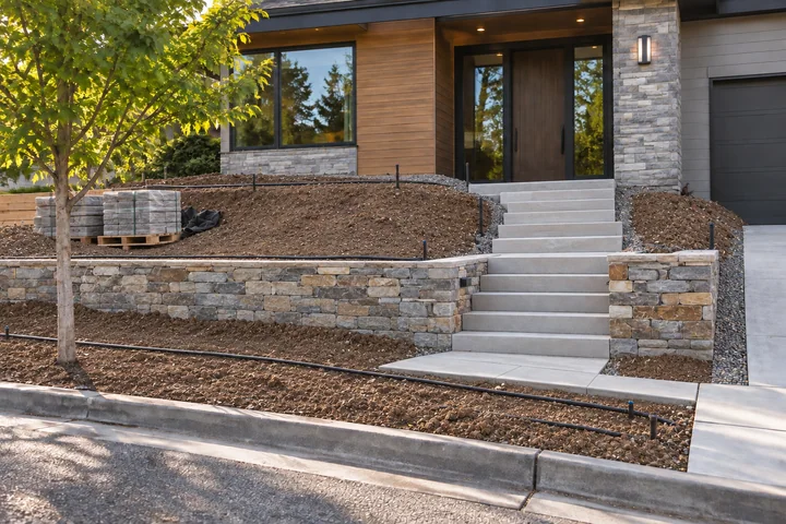 Sloped front yard retaining wall: Structures and surfaces