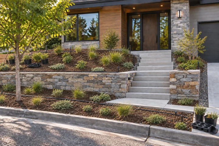 Sloped front yard retaining wall: Planting