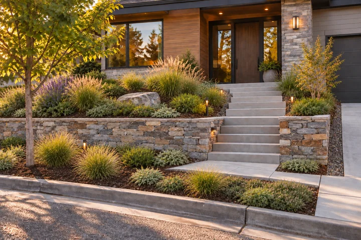 Sloped front yard retaining wall: Final styling