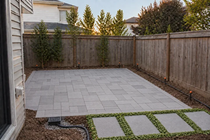 Small backyard paver patio with privacy: Structures and surfaces