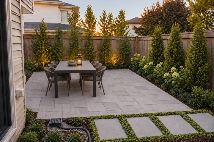 Small backyard paver patio with privacy: Final styling