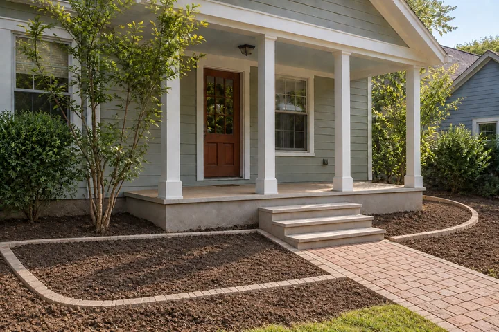 Small front porch cottage garden: Structures and surfaces