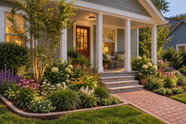 Small front porch cottage garden: Final styling
