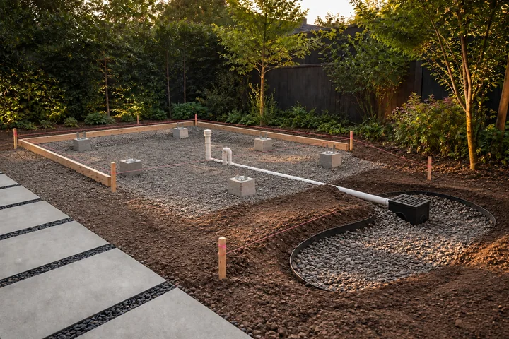 Spa deck with rain garden edge: Base works