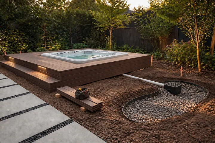 Spa deck with rain garden edge: Structures and surfaces