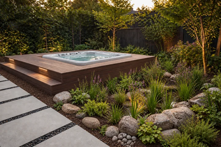 Spa deck with rain garden edge: Planting
