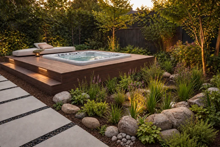 Spa deck with rain garden edge: Final styling