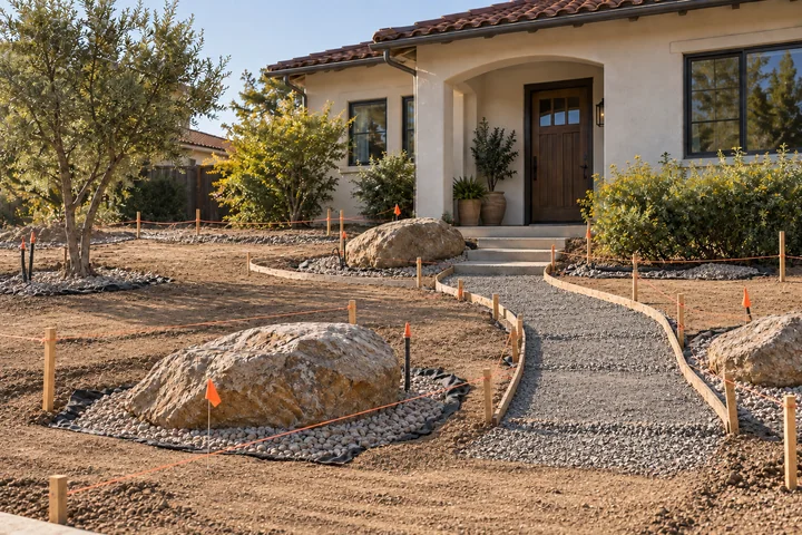 Sunny xeriscape rock garden: Base works