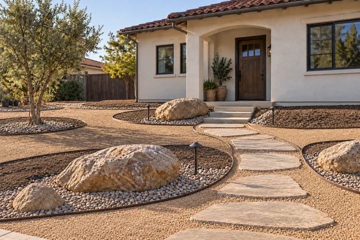 Sunny xeriscape rock garden: Structures and surfaces
