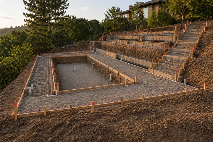 Terraced pool slope garden: Base works