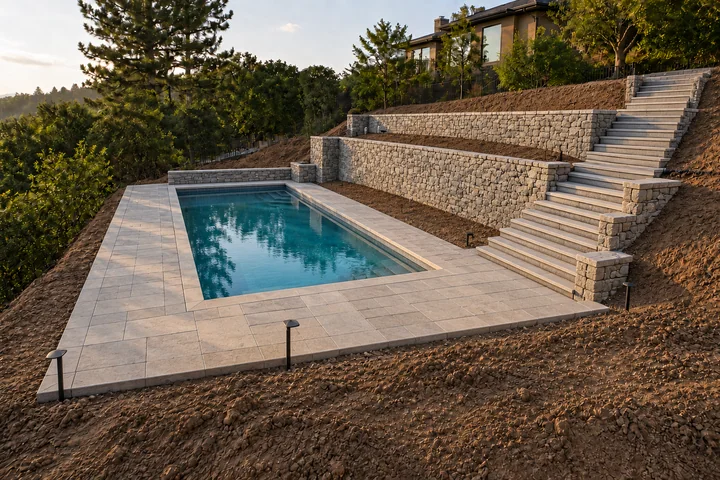 Terraced pool slope garden: Structures and surfaces