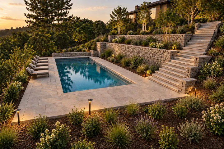 Terraced pool slope garden: Final styling