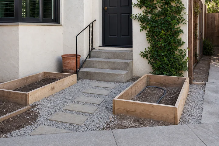 Tiny gravel stoop garden: Structures and surfaces