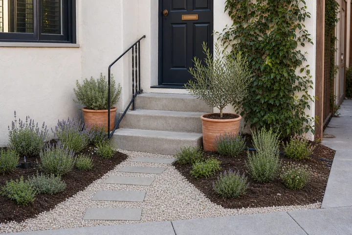 Tiny gravel stoop garden: Planting