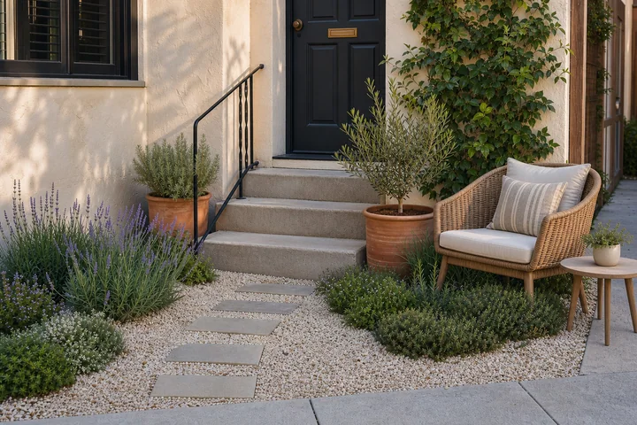 Tiny gravel stoop garden: Final styling